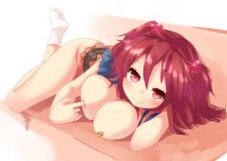 Rule 34 | 1girl, bad id, bad pixiv id, bandaid, bandaids on nipples, bottomless, breast poke, breasts, couch, covering nipples, covering privates, deep skin, female focus, hair bobbles, hair ornament, large breasts, lying, mokoke, no bra, on side, onozuka komachi, open clothes, pasties, poking, smile, socks, solo, touhou, twintails, two side up, white socks