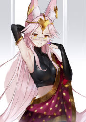 Rule 34 | 1girl, absurdres, animal ear fluff, animal ears, bare shoulders, blush, border, breasts, cloak, closed mouth, commentary request, crop top, duan henglong, elbow gloves, fate/grand order, fate (series), fox ears, glasses, gloves, hair between eyes, headpiece, highres, indian clothes, koyanskaya (fate), koyanskaya (indian lostbelt outfit) (fate), large breasts, long hair, looking at viewer, pink hair, purple background, sidelocks, signature, smile, solo, standing, tamamo (fate), two-tone background, very long hair, white border, yellow eyes