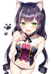 Rule 34 | 1girl, animal ear fluff, animal ears, bare arms, bare shoulders, black hair, black panties, blouse, breasts, cat ears, cat girl, cowboy shot, fang, gold trim, green eyes, groin, hand up, hinaki (hinaki 0102), karyl (princess connect!), long hair, looking at viewer, low twintails, medium breasts, multicolored hair, no pants, open mouth, panties, princess connect!, shirt, simple background, sleeveless, sleeveless shirt, solo, streaked hair, thigh gap, thighs, twintails, underwear, very long hair, white background