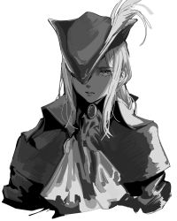 Rule 34 | 1girl, bloodborne, capelet, ascot, eyelashes, feather hair, greyscale, hat, highres, lady maria of the astral clocktower, monochrome, monochrome, one eye covered, osu5i, solo, tricorne, white background, white hair