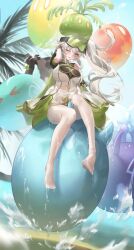 Rule 34 | 1girl, artist request, blue sky, blush, breasts, cosplay, creature, dress, feet, full body, genshin impact, goggles, goggles on head, green eyes, head grab, highres, horns, kotoha rimu, large breasts, long hair, nahida (genshin impact), one eye closed, open mouth, palm tree, side ponytail, sitting, skirt, sky, slime, smile, thighhighs, tree, virtual youtuber, water, wet, wet clothes, white hair, white thighhighs