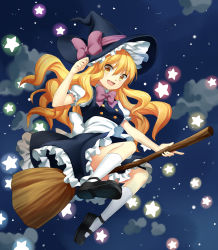 1girl blonde_hair broom broom_riding cloud dress female_focus hat highres jenevan kirisame_marisa long_hair mary_janes shoes solo star_(symbol) touhou witch_hat yellow_eyes