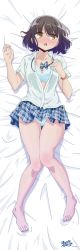 Rule 34 | 10s, 1girl, absurdres, bare legs, barefoot, bead bracelet, beads, bed sheet, blue bra, blue panties, bow, bowtie, bra, bracelet, breasts, brown eyes, brown hair, dakimakura (medium), from above, full body, gluteal fold, harukana receive, higa kanata, highres, incredibly absurdres, jewelry, looking at viewer, lying, official art, on back, open clothes, open mouth, open shirt, panties, ribbon, school uniform, small breasts, solo, underwear