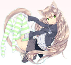Rule 34 | 1girl, animal ears, blush, brown hair, cat ears, cat tail, green eyes, long hair, looking at viewer, open mouth, original, simple background, skirt, solo, striped clothes, striped thighhighs, tail, thighhighs, very long hair, white background, zizi (zz22)