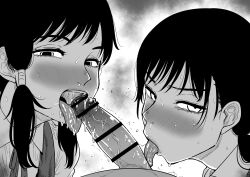 Rule 34 | 1boy, 2girls, absurdres, bar censor, black hair, blush, censored, chainsaw man, cooperative fellatio, fellatio, greyscale, hetero, highres, kaiman garupan, long hair, looking at viewer, low twintails, mifune fumiko, mitaka asa, monochrome, multiple girls, open mouth, oral, penis, pov, pov crotch, simple background, steaming body, sweat, twintails, white background