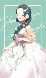 Rule 34 | 1girl, absurdres, blush, bouquet, braid, braided ponytail, clover hair ornament, commission, dress, eshineko, flower, green background, green hair, green nails, green ribbon, hair flower, hair ornament, highres, holding, holding bouquet, indie virtual youtuber, long hair, open mouth, pixiv commission, ribbon, skirt hold, solo, standing, sumi suya, thank you, virtual youtuber, white dress