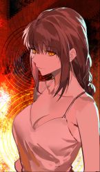Rule 34 | 1girl, alternate costume, bijian de linghun, braid, braided ponytail, breasts, camisole, chainsaw man, cleavage, closed mouth, commentary, english commentary, from side, hair between eyes, highres, light smile, long hair, looking at viewer, makima (chainsaw man), medium breasts, orange eyes, red hair, ringed eyes, sidelocks, sleeveless, smile, solo, spaghetti strap, upper body, white camisole