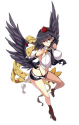 Rule 34 | 1girl, adapted costume, alternate costume, ankle boots, belt, black gloves, black hair, black wings, boots, breasts, brown footwear, earrings, full body, geta, gloves, hat, highres, jewelry, large breasts, looking at viewer, midriff, navel, necktie, pants, pom pom (clothes), red eyes, scarf, shameimaru aya, shirt, short hair, shorts, simple background, smile, solo, string, tengu-geta, thong, tokin hat, touhou, touya (the-moon), white background, wings