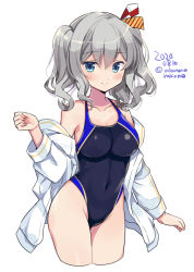 Rule 34 | 1girl, black one-piece swimsuit, blue eyes, blush, breasts, cleavage, closed mouth, collarbone, competition swimsuit, cropped legs, dated, groin, hair between eyes, jacket, kantai collection, kashima (kancolle), large breasts, long hair, long sleeves, no headwear, no headwear, odawara hakone, one-hour drawing challenge, one-piece swimsuit, silver hair, simple background, smile, solo, swimsuit, twintails, twitter username, white background, white jacket