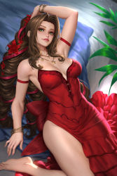 Rule 34 | 1girl, aerith gainsborough, aerith gainsborough (red dress), arm ribbon, arm up, bare legs, barefoot, bracelet, breasts, brown hair, cleavage, dress, drill hair, feet, final fantasy, final fantasy vii, final fantasy vii remake, flower, green eyes, hair flower, hair ornament, hair ribbon, highres, jewelry, long dress, long hair, looking at viewer, necklace, neoartcore, official alternate costume, pencil dress, red dress, ribbon, smile, solo, square enix, star (symbol), star necklace, strapless, strapless dress, tight clothes, tight dress, toes, very long hair, wall market