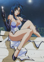 Rule 34 | 00s, 1girl, absurdres, anklet, bare shoulders, blue hair, bracelet, breasts, brown eyes, chidori kaname, cleavage, cross, derivative work, dress, earrings, elbow gloves, full metal panic!, gloves, gun, handgun, high heels, highres, jewelry, large breasts, legs, long hair, long legs, necklace, no bra, pistol, semi-automatic firearm, shoes, sitting, solo, stairs, strap slip, thighs, third-party edit, trigger discipline, weapon