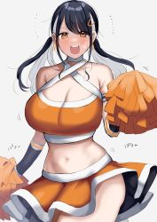 Rule 34 | 1girl, absurdres, black gloves, black hair, breasts, cheerleader, cleavage, crop top, elbow gloves, frilled skirt, frills, gloves, halterneck, highres, indie virtual youtuber, large breasts, looking at viewer, low twintails, medium hair, midriff, miniskirt, multicolored hair, navel, open mouth, pom pom (cheerleading), shirasu (mashiro (rikuya)), shirasu uni, skirt, smile, solo, teeth, twintails, upper teeth only, virtual youtuber, white hair