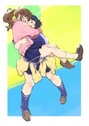 Rule 34 | 2girls, black hair, brown hair, carrying, carrying person, closed eyes, full body, highres, hug, long hair, m k, multiple girls, open mouth, original, outside border, ponytail, princess carry, short hair, skirt, symbol-only commentary, yuri