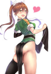 Rule 34 | 10s, 1girl, ass, black gloves, black thighhighs, blush, breasts, brown hair, commentary request, cowboy shot, elbow gloves, eyebrows, gloves, green shirt, hair ribbon, heart, highres, kantai collection, loincloth, loincloth lift, long hair, looking at viewer, looking back, medium breasts, no panties, out of frame, panties, ribbon, shiny skin, shirt, single elbow glove, single glove, single thighhigh, skindentation, sleeves rolled up, smile, solo, thighhighs, tight clothes, tone (kancolle), tone kai ni (kancolle), twintails, underwear, untue, white ribbon, yellow eyes
