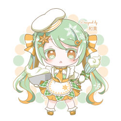 Rule 34 | 1girl, apron, aqua hair, borrowed design, bow, cantaloupe, chef hat, chibi, commentary, cream, creator name, food, frilled apron, frills, fruit, full body, green eyes, green skirt, hair bow, hair ornament, hairclip, hat, hatsune miku, holding, holding whisk, layered skirt, light blush, long hair, looking at viewer, maguro (p-erc), mittens, mixing bowl, open mouth, orange bow, orange eyes, orange hair, orange skirt, plaid, plaid skirt, signature, skirt, snowflake hair ornament, snowflake print, solo, standing, straight-on, striped, striped bow, triangle mouth, twintails, two-tone eyes, very long hair, vocaloid, whisk, white apron, white background, white hat, white mittens, yuki miku, yuki miku (2024) (applicant)