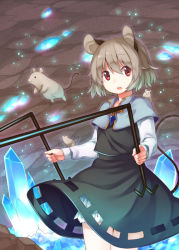 Rule 34 | akagashi hagane, animal ears, bloomers, capelet, cloud, cloudy sky, dowsing rod, dress, gem, grey dress, grey hair, jewelry, long sleeves, looking at viewer, mouse (animal), mouse ears, mouse tail, nazrin, necklace, pendant, red eyes, see-through, sky, solo, tail, touhou, underwear