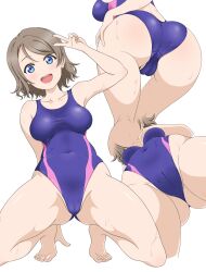 Rule 34 | 1girl, absurdres, ass, ass focus, barefoot, blue eyes, blue one-piece swimsuit, breasts, cameltoe, competition swimsuit, covered navel, from below, full body, grey hair, highres, love live!, love live! sunshine!!, medium breasts, multiple views, one-piece swimsuit, open mouth, round teeth, short hair, simple background, squatting, swimsuit, teeth, two-tone swimsuit, upper teeth only, usazirou539, watanabe you, white background