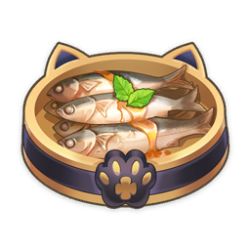 Rule 34 | animal ears, artist request, bowl, cat ears, commentary, english commentary, fish, fish (food), food, food focus, game cg, genshin impact, leaf, lowres, mihoyo, no humans, official art, paw print, pet bowl, pet food, sauce, still life, third-party source, transparent background