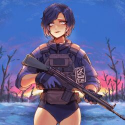 Rule 34 | 1girl, absurdres, bare tree, battle rifle, blue buruma, blue sky, buruma, commentary, cowboy shot, dated, earrings, gloves, grey eyes, gun, h&amp;k g3, highres, holding, holding gun, holding weapon, jacket, jewelry, long sleeves, looking to the side, open mouth, original, outdoors, parted bangs, purple gloves, purple hair, purple jacket, rifle, short hair, sky, snow, solo, standing, sunrise, tree, weapon, xrnl2018