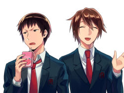 Rule 34 | 2boys, :d, ^ ^, annoyed, asada hachi, blazer, blue jacket, brown eyes, brown hair, closed eyes, collared shirt, commentary, dated commentary, drinking straw, facing viewer, hair between eyes, holding, jacket, juice box, kita high school uniform, koizumi itsuki, kyon, looking to the side, loose necktie, male focus, multiple boys, necktie, open mouth, red neckwear, school uniform, shirt, short hair, simple background, smile, suzumiya haruhi no yuuutsu, upper body, v-shaped eyebrows, white background, white shirt
