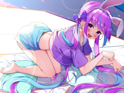 Rule 34 | 1girl, :d, ahoge, animal ears, bare legs, barefoot, bed, bed sheet, blue hair, blue skirt, blunt bangs, colored inner hair, commentary, cqingwei, fake animal ears, hair ornament, hair ribbon, highres, hololive, lace, lace-trimmed panties, lace trim, long hair, looking at viewer, minato aqua, multicolored hair, open mouth, panties, paw pose, pillow, purple eyes, purple hair, purple shirt, rabbit ears, rabbit hair ornament, ribbon, shirt, short sleeves, sidelocks, skirt, smile, solo, twintails, two-tone hair, underwear, very long hair, virtual youtuber