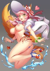 Rule 34 | 1girl, animal ear fluff, animal ears, ass, bikini, bikini bottom only, blue bikini, blush, bracelet, breasts, ears through headwear, fate/extra, fate/grand order, fate (series), fox ears, fox girl, fox tail, grey background, hair between eyes, hat, heart, jewelry, large breasts, legs, long hair, looking at viewer, navel, necklace, nipples, pink hair, sandals, side-tie bikini bottom, sidelocks, simple background, solo, sun hat, swimsuit, tail, tako seijin, tamamo (fate), tamamo no mae (fate/extra), tamamo no mae (swimsuit lancer) (fate), tamamo no mae (swimsuit lancer) (third ascension) (fate), thighs, toes, topless, towel, towel around neck, water, yellow eyes
