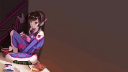 Rule 34 | 1girl, against wall, between legs, blue bodysuit, blush, bodysuit, book, brown eyes, brown hair, character name, chopsticks, covered navel, cup ramen, d.va (overwatch), egg, facepaint, food, food in mouth, hand between legs, handheld game console, headgear, headphones, highres, knee up, long hair, looking at viewer, mouth hold, o-yatsu, overwatch, overwatch 1, playing games, playstation portable, sitting, solo, third-party edit, wallpaper