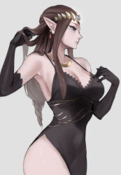 Rule 34 | 1girl, black dress, black gloves, blue eyes, breasts, brown hair, cleavage, closed mouth, dangle earrings, dress, earrings, elbow gloves, from side, gloves, greyscale, halterneck, highres, jewelry, large breasts, long hair, looking ahead, monochrome, necklace, nintendo, pointy ears, princess zelda, side slit, sleeveless, sleeveless dress, solo, the legend of zelda, the legend of zelda: twilight princess, tiara, tommy (kingdukeee)