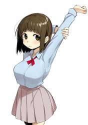 Rule 34 | 1girl, arm up, black hair, blush, breasts, brown skirt, closed mouth, collared shirt, commentary request, holding own arm, kawai makoto, large breasts, light frown, long sleeves, looking at viewer, looking to the side, neck ribbon, red ribbon, ribbon, shirt, short hair, simple background, skirt, solo, standing, white background, wing collar