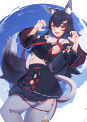 Rule 34 | 1girl, animal ear fluff, animal ears, bell, black hair, black shirt, black skirt, blue sky, blush, breasts, choker, claw pose, commentary, cowboy shot, day, detached sleeves, fang, floral print, hair between eyes, hair ornament, highres, hololive, kouhaku nawa, kusubii, long hair, looking at viewer, medium breasts, midriff, miniskirt, multicolored hair, navel, ookami mio, ookami mio (1st costume), open mouth, orange eyes, pleated skirt, red choker, red hair, rope, sailor collar, shimenawa, shirt, sideboob, skirt, sky, smile, solo, streaked hair, tail, tail around own leg, tail wrap, thighhighs, twisted torso, two-tone hair, virtual youtuber, white thighhighs, wolf ears, wolf tail