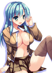 Rule 34 | 10s, 1girl, :d, aqua eyes, aqua hair, arm support, blazer, blush, breasts, collarbone, collared shirt, female focus, hair ornament, hairclip, hand in own hair, jacket, kantai collection, large breasts, leg up, long hair, long sleeves, looking at viewer, navel, no bra, open clothes, open jacket, open mouth, open shirt, ryokushiki (midori-ya), shirt, simple background, sitting, smile, solo, suzuya (kancolle), white background, white shirt