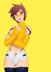 Rule 34 | 1boy, bat (animal), blush, brown hair, bulge, detached sleeves, earrings, erection, erection under clothes, hairband, jack-o&#039;-lantern, jack-o&#039;-lantern earrings, jewelry, male focus, midriff, navel, open mouth, original, po-ju, short hair, short shorts, shorts, simple background, solo, thighhighs, yellow background