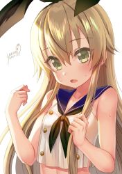 Rule 34 | 1other, androgynous, black neckerchief, blonde hair, blue sailor collar, blush, commentary request, dated, green eyes, hair between eyes, hairband, kantai collection, long hair, neckerchief, open mouth, sailor collar, school uniform, serafuku, shimakaze (kancolle), sidelocks, signature, simple background, sleeveless, solo, sweat, upper body, white background, yumi yumi