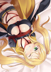 Rule 34 | 1girl, azur lane, bdsm, between breasts, blonde hair, bondage, bound, bound arms, breasts, clenched teeth, collarbone, commentary request, green eyes, highres, hornet (azur lane), large breasts, looking at viewer, lying, navel, on back, one eye closed, restrained, shorts, solo, teeth, twintails, wince, yasume yukito