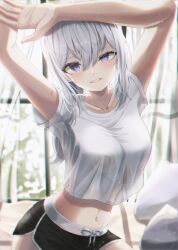 Rule 34 | 1girl, absurdres, arms up, backlighting, black shorts, bloom, collarbone, commentary, crop top, crop top overhang, curtains, day, dolphin shorts, hair between eyes, highres, indoors, ine (vtuber), lens flare, long hair, looking ahead, looking at viewer, midriff, navel, parted lips, purple eyes, ryon y0421, shirt, short shorts, short sleeves, shorts, solo, straight-on, t-shirt, upper body, virtual youtuber, waktaverse, white hair, white shirt, window