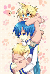 Rule 34 | 1girl, 2boys, aged down, bad id, bad pixiv id, blonde hair, blue eyes, blue scarf, bug, butterfly, child, chirota, fang, hair ribbon, holding, insect, kagamine len, kagamine rin, kaito (vocaloid), multiple boys, ribbon, scarf, sleeping, smile, vocaloid