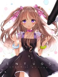 Rule 34 | 1girl, backlighting, black dress, blush, bow, bracelet, brown hair, closed mouth, cowboy shot, dress, frilled bow, frills, hair bow, hands up, highres, jewelry, long hair, looking at viewer, neck ribbon, original, pink bow, pink ribbon, purple eyes, ribbon, solo, striped, striped bow, stylus, tsukigami runa, two side up