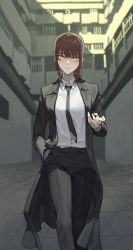 Rule 34 | 1girl, black necktie, black pants, blunt bangs, braid, braided ponytail, breasts, building, chainsaw man, closed mouth, collared shirt, commentary, day, feet out of frame, formal, hand in pocket, hand up, highres, light smile, long hair, long jacket, long sleeves, looking at viewer, m.q (mqkyrie), makima (chainsaw man), medium breasts, necktie, outdoors, pants, red hair, ringed eyes, shirt, sidelocks, solo, standing, straight-on, suit, walking, white shirt, yellow eyes