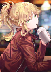 Rule 34 | 1girl, blonde hair, blurry, blurry background, bokeh, bow, braid, casual, cup, depth of field, disposable cup, drinking straw, fate/grand order, fate (series), frostscent, green eyes, hair bow, head tilt, holding, holding cup, jacket, long hair, long sleeves, looking at viewer, looking to the side, mordred (fate), mordred (fate/apocrypha), ponytail, red jacket, sidelocks, solo, upper body