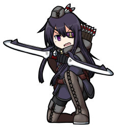 Rule 34 | 1girl, akatsuki (kancolle), archery, arrow (projectile), boots, bow (weapon), cross-laced footwear, dungeons &amp; dragons, eyepatch, full body, grey footwear, grey hat, grey thighhighs, hair between eyes, hat, hat feather, highres, holding, holding bow (weapon), holding weapon, kantai collection, lace-up boots, long hair, looking at viewer, mini hat, on one knee, open mouth, purple eyes, purple hair, quiver, ranger, raythalosm, simple background, thigh boots, thighhighs, v-shaped eyebrows, very long hair, wavy mouth, weapon, white background