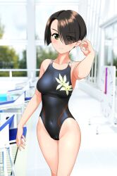 Rule 34 | 1girl, absurdres, black hair, black one-piece swimsuit, blurry, blurry background, bob cut, breasts, commentary request, competition swimsuit, covered navel, cowboy shot, eyes visible through hair, floral print, girls und panzer, green eyes, hair over one eye, highres, inverted bob, medium breasts, multicolored clothes, multicolored swimsuit, one-piece swimsuit, outdoors, poolside, short hair, solo, starting block, swimsuit, takafumi, vanilla (girls und panzer), variant set