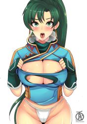Rule 34 | 1girl, areola slip, artist name, blush, breasts, earrings, fingerless gloves, fire emblem, fire emblem: the blazing blade, gloves, green eyes, green hair, jewelry, large breasts, long hair, lyn (fire emblem), nintendo, open mouth, panties, ponytail, revolverwing, simple background, solo, tongue, torn clothes, underwear, white background, white panties