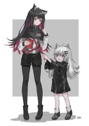 Rule 34 | 2girls, :d, absurdres, aged down, ahoge, animal ear fluff, animal ears, ankle boots, arknights, black capelet, black footwear, black hair, black jacket, black legwear, black shorts, boots, brown eyes, capelet, chinese commentary, commentary request, dack egg, food, full body, grey eyes, hair ornament, hairclip, hand up, height difference, highres, holding, holding food, id card, jacket, lappland (arknights), long hair, long sleeves, multicolored hair, multiple girls, open mouth, pantyhose, pocky, red hair, scar, scar across eye, scar on face, shoes, short shorts, shorts, silver hair, smile, socks, standing, texas (arknights), very long hair, white jacket, white legwear, wide sleeves, wolf ears