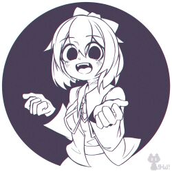 Rule 34 | 1girl, :d, absurdres, bow, breasts, bruise, chromatic aberration, doki doki literature club, empty eyes, hair between eyes, hair bow, hands up, highres, injury, jacket, long sleeves, looking at viewer, medium breasts, neck ribbon, open clothes, open jacket, open mouth, ribbon, sakumochi (pixiv4431677), sayori (doki doki literature club), school uniform, short hair, smile, solo, spoilers, teeth, upper teeth only, vest