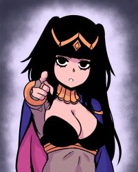 Rule 34 | 1girl, akairiot, black hair, bodysuit, bracelet, breasts, bridal gauntlets, cape, fire emblem, fire emblem awakening, fire emblem heroes, highres, i want you, jewelry, large breasts, long hair, looking at viewer, nintendo, parody, pointing, pointing at viewer, solo, tharja (fire emblem), tiara, two side up