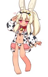 Rule 34 | 1girl, :q, animal ear fluff, animal ears, animal print, arm up, bare legs, barefoot, bell, bikini, bikini under clothes, black hairband, blonde hair, blush, closed mouth, collar, cow ears, cow horns, cow print, etrian odyssey, fake animal ears, fake horns, full body, groin, hair between eyes, hairband, heart, heart-shaped pupils, highres, horns, jacket, long hair, long sleeves, looking at viewer, masurao (sekaiju), masurao 2 (sekaiju), naga u, neck bell, open clothes, open jacket, ponytail, print bikini, print jacket, puffy long sleeves, puffy sleeves, rabbit ears, red collar, red eyes, sekaiju no meikyuu, sekaiju no meikyuu 5, short eyebrows, simple background, sleeves past wrists, smile, solo, standing, standing on one leg, swimsuit, symbol-shaped pupils, thick eyebrows, tongue, tongue out, very long hair, white background, white bikini, white jacket