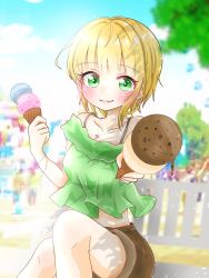 Rule 34 | 1girl, :3, bare shoulders, bench, blonde hair, blouse, blue sky, blurry, blush, bracelet, cloud, collarbone, day, depth of field, feet out of frame, food, foreshortening, giving, green eyes, green shirt, ice cream, ice cream cone, idolmaster, idolmaster cinderella girls, jewelry, legs together, looking at viewer, marieshi, midriff, miyamoto frederica, necklace, outdoors, shadow, shirt, short hair, shorts, sitting, sky, sleeveless, sleeveless shirt, smile, solo, tree