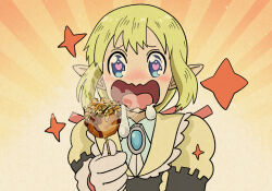 Rule 34 | 1girl, a-king, blonde hair, blue eyes, blue shirt, blush, collared shirt, commentary request, food, frilled shirt collar, frills, heart, heart-shaped pupils, hime-sama &quot;goumon&quot; no jikan desu, holding, holding food, looking at food, medium bangs, nichijou, open mouth, orange background, pointy ears, princess starla (nichijou), shirt, short hair, smile, solo, star (symbol), steam, symbol-shaped pupils, takoyaki, upper body, wavy mouth, yellow shirt