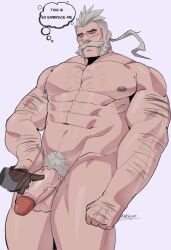 Rule 34 | 1boy, 2boys, = =, abs, arm hair, armpit hair, armpit hair peek, bara, blue eyes, blush, captain laserhawk: a blood dragon remix, character request, chest hair, completely nude, embarrassed, english text, girthy penis, grey hair, highres, large pectorals, looking ahead, low ponytail, male focus, male pubic hair, mature male, multiple boys, muscular, muscular male, mustache, mutton chops, navel, nhstonk, nipples, nude, old, old man, pectorals, penis, pubic hair, short hair, solo, sparse chest hair, stomach, strongman waist, thick eyebrows, thick mustache, thick thighs, thighs, v-shaped eyebrows, veins, veiny penis, wrinkled skin