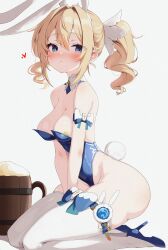 Rule 34 | 1girl, absurdres, animal ears, barbara (genshin impact), bare shoulders, blonde hair, blue eyes, blue leotard, blush, breasts, cleavage, covered navel, detached collar, fake animal ears, genshin impact, high heels, highleg, highleg leotard, highres, leotard, long hair, looking at viewer, medium breasts, mora (genshin impact), playboy bunny, rabbit ears, seiza, sitting, solo, thighhighs, twintails, vision (genshin impact), w.k, white thighhighs, wrist cuffs